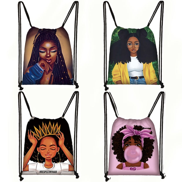 Afro Girls Print Drawstring Bag