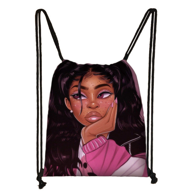 Afro Girls Print Drawstring Bag