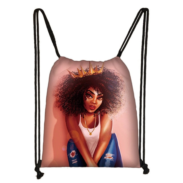 Afro Girls Print Drawstring Bag