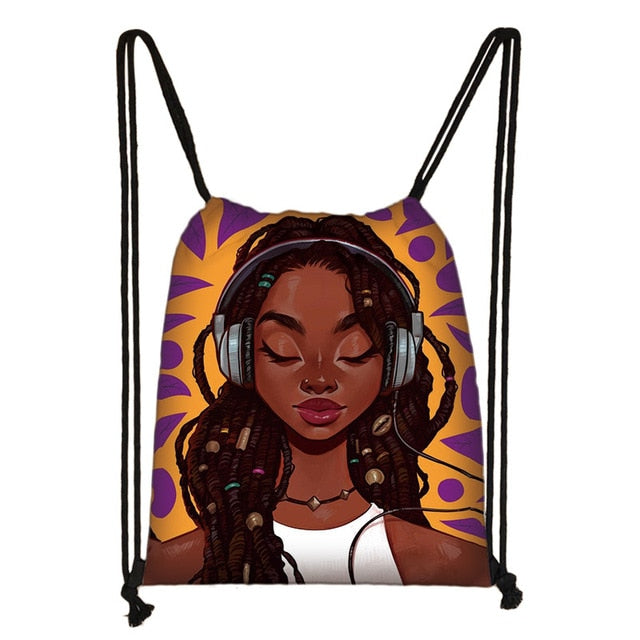 Afro Girls Print Drawstring Bag