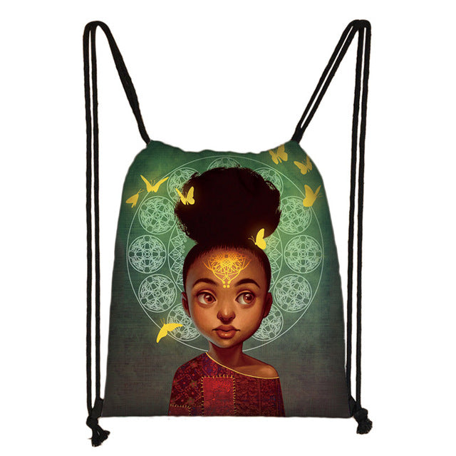 Afro Girls Print Drawstring Bag