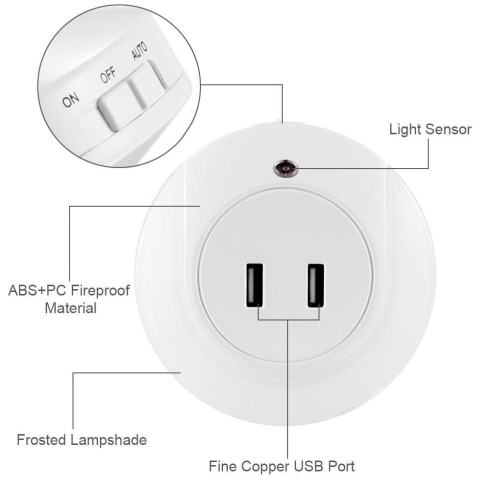 LED Night Light With 2 USB Port Chargers