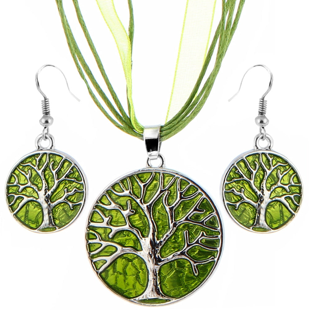 Vintage Round Life Tree Silver Pendant Jewelry Sets