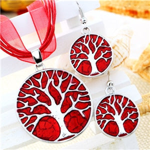 Vintage Round Life Tree Silver Pendant Jewelry Sets