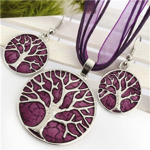 Vintage Round Life Tree Silver Pendant Jewelry Sets