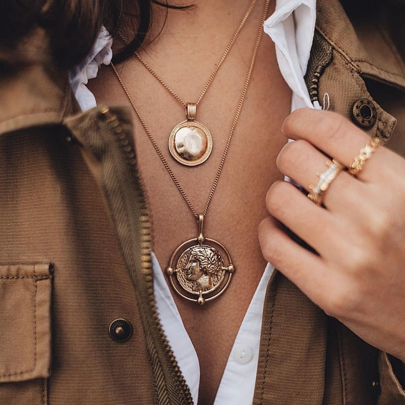 Double-Layer Retro Carved Coin Necklace