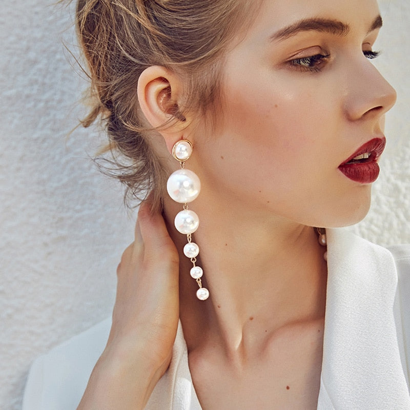 Exaggerated Big Simulated Long Pearl Earrings